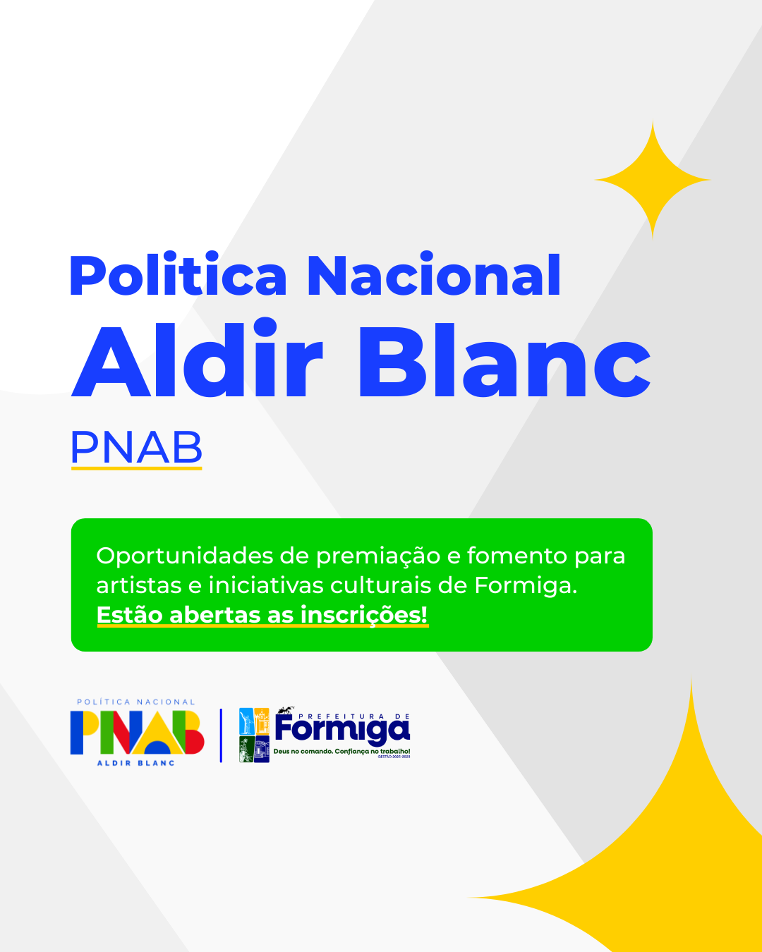 A Prefeitura de Formiga abre inscrições para editais da Política Nacional Aldir Blanc (PNAB)