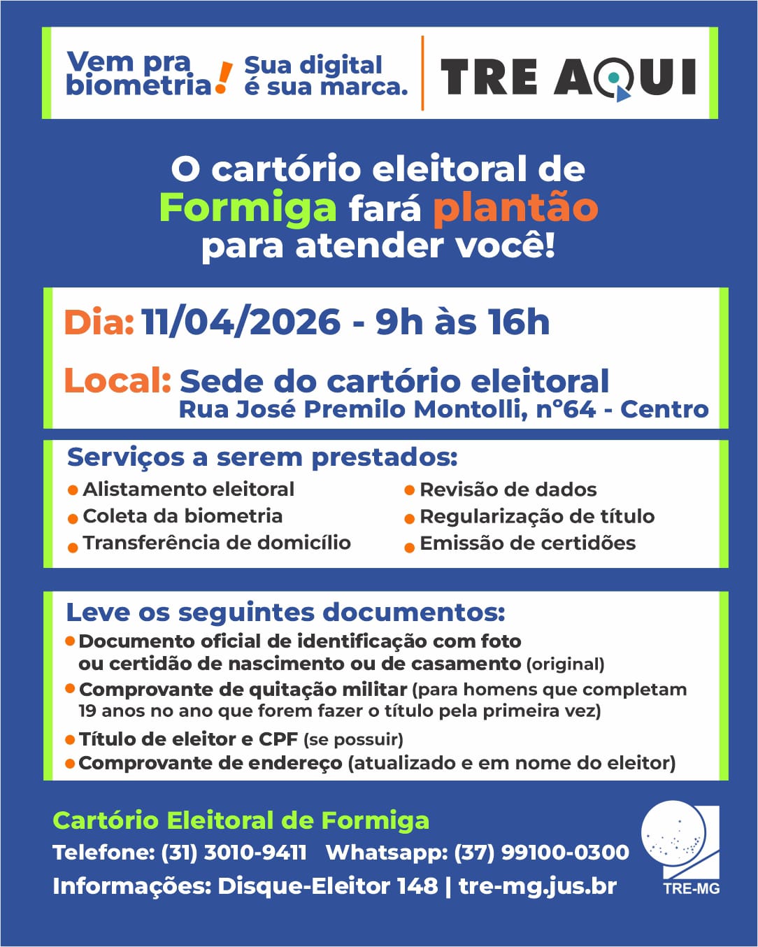 Cartório Eleitoral de Formiga realiza plantão especial para atendimento