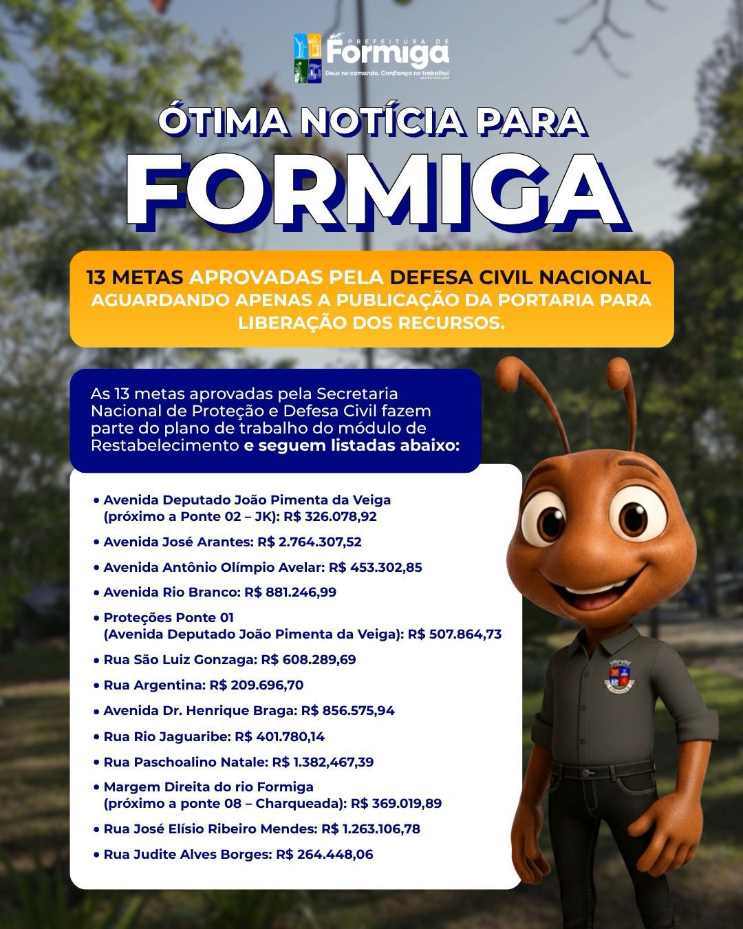 Formiga tem metas de restabelecimento aprovadas pela Defesa Civil Nacional