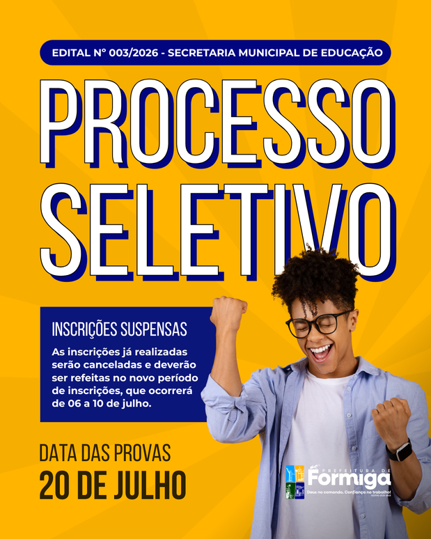 Prefeitura de Formiga suspende inscrições do Processo Seletivo nº 003/2026; novo período será de 6 a 10 de julho