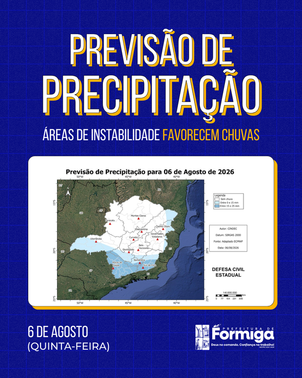 Defesa Civil Alerta para Possibilidade de Chuva e Ventos Fortes em Formiga nesta Quinta-feira (06)