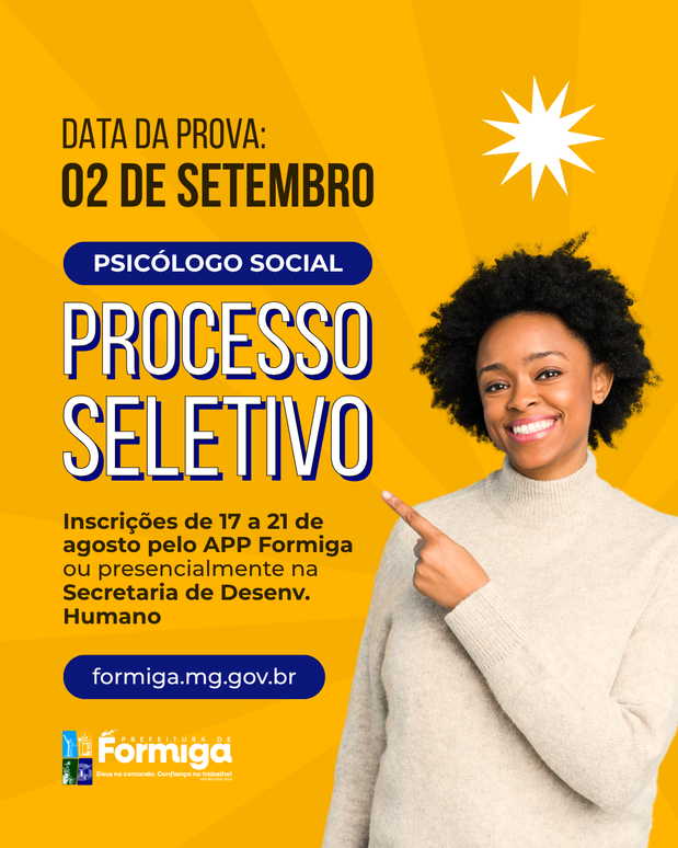 Processo Seletivo 007/2026: inscrições para Psicólogo Social começam em 17 de agosto