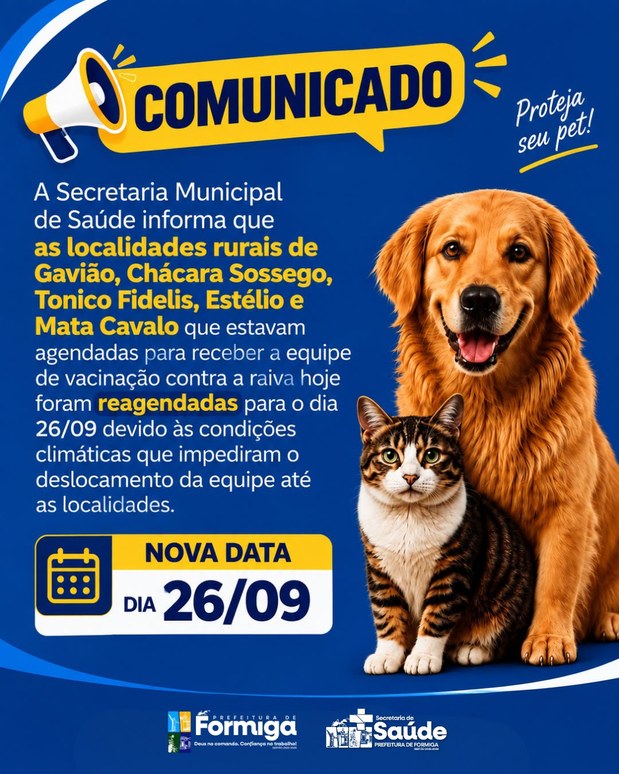 Prefeitura reagenda vacinação antirrábica na zona rural para 26/09 devido às condições climáticas