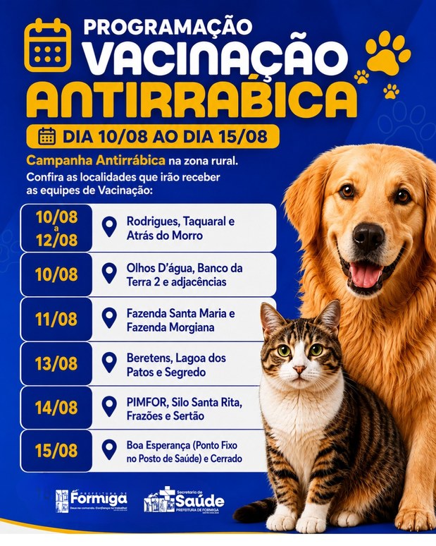 Vacinação antirrábica continua na zona rural de Formiga entre os dias 10 e 15 de agosto