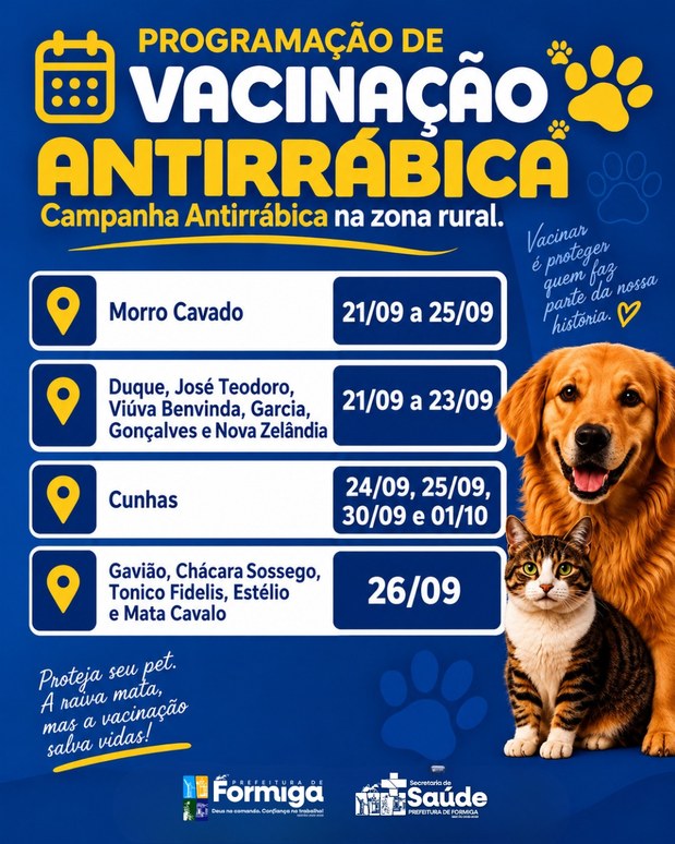 Vacinação Antirrábica continua na zona rural: confira a programação de 21 a 26 de setembro