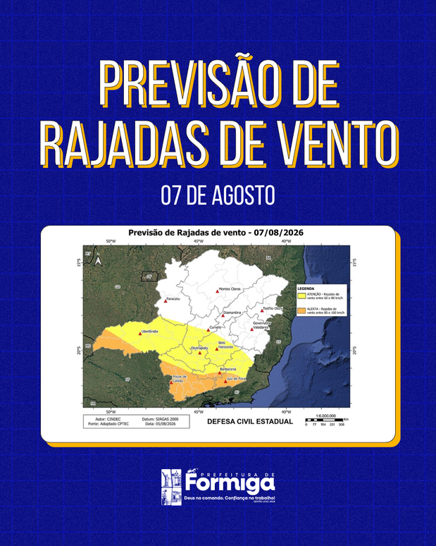 Defesa Civil alerta para previsão de rajadas de vento entre os dias 7 e 8 de agosto