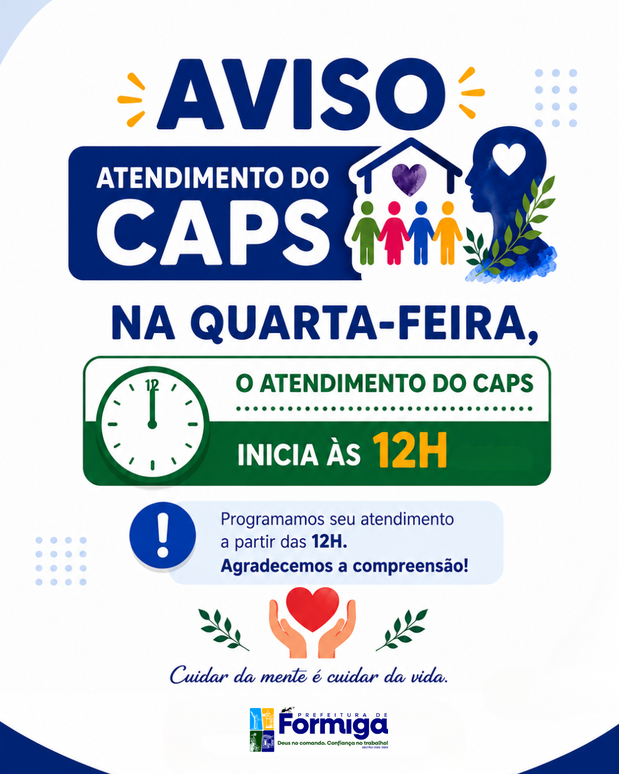 Prefeitura de Formiga informa novo horário de atendimento do CAPS às quartas-feiras