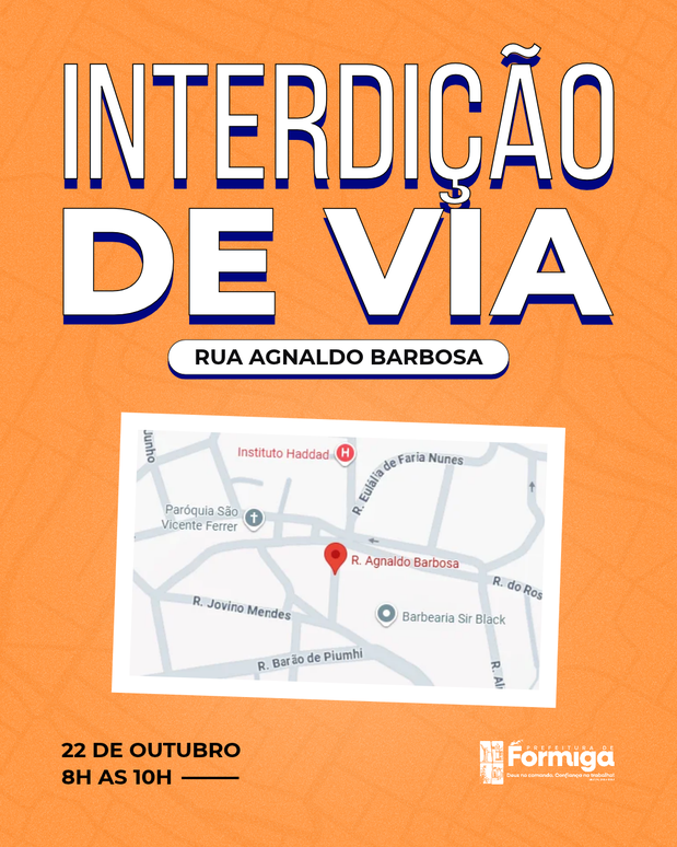 Prefeitura informa interdição temporária da Rua Agnaldo Barbosa nesta quinta-feira, 22 de outubro