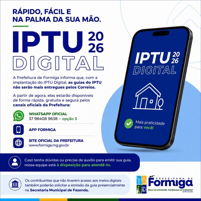 Prefeitura de Formiga implanta IPTU Digital 2026 e moderniza emissão das guias
