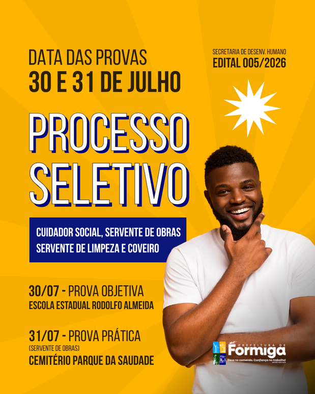 Prefeitura de Formiga divulga relação final de inscritos, locais e datas das provas do Processo Seletivo nº 005/2026