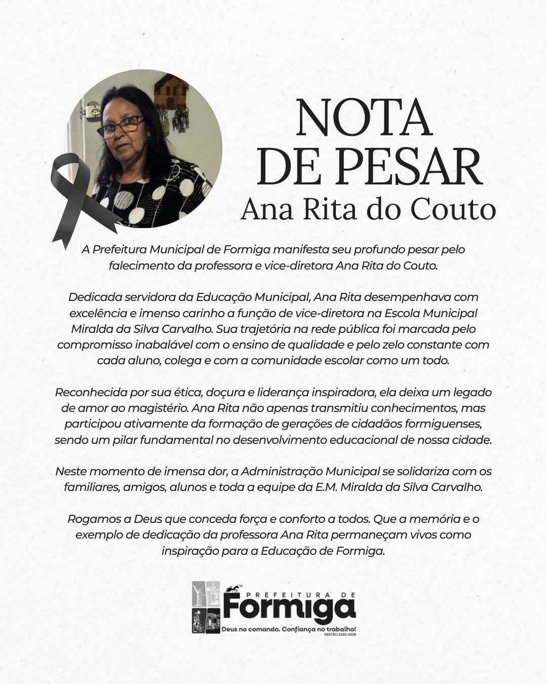 Prefeitura de Formiga manifesta pesar pelo falecimento de Ana Rita do Couto