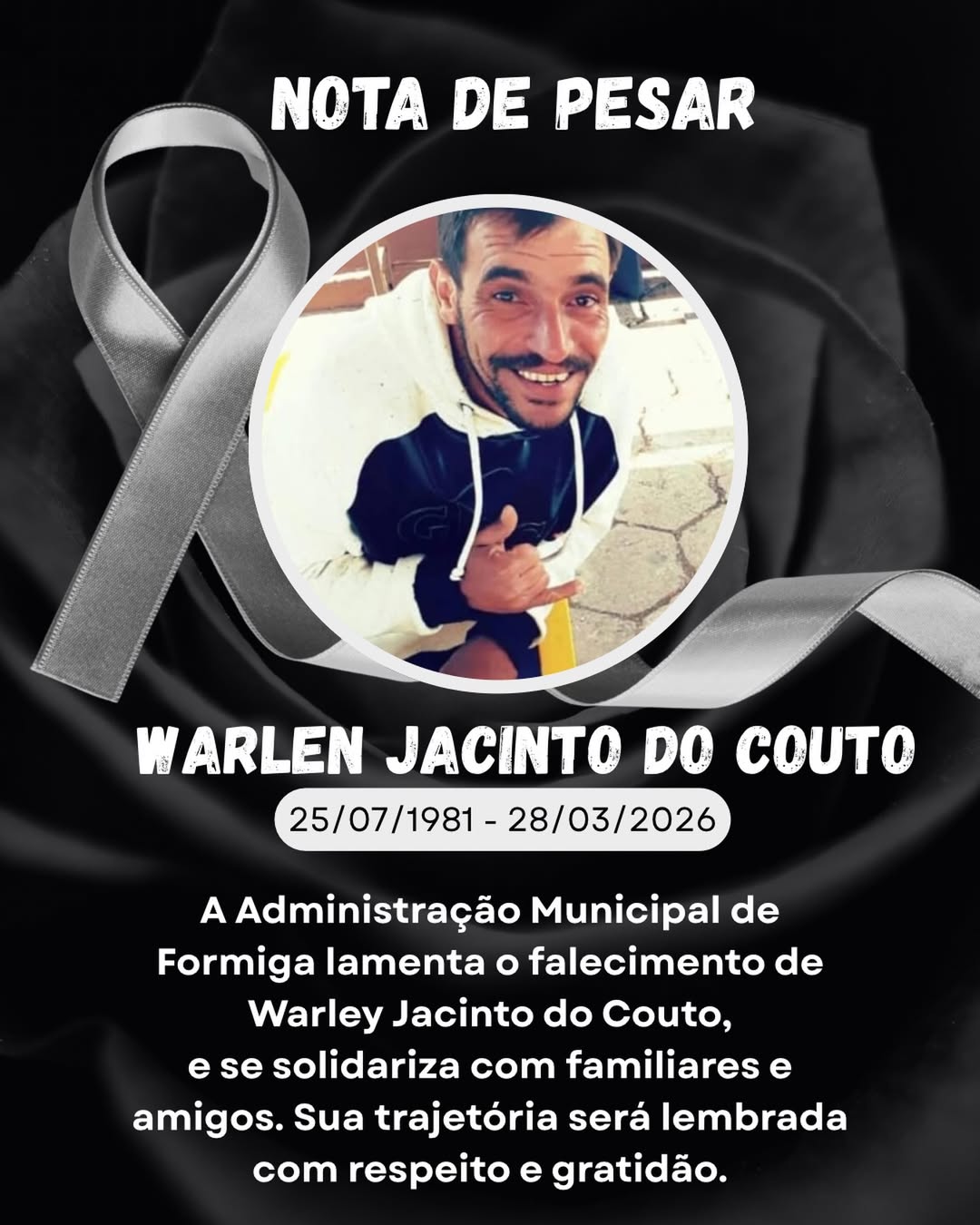 Prefeitura de Formiga manifesta pesar pelo falecimento de Warley Jacinto do Couto